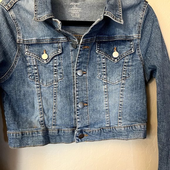 Go Jeans Sz XL Vintage Navy Denim Jean Jacket Cropped Wash Pockets - Picture 5 of 13